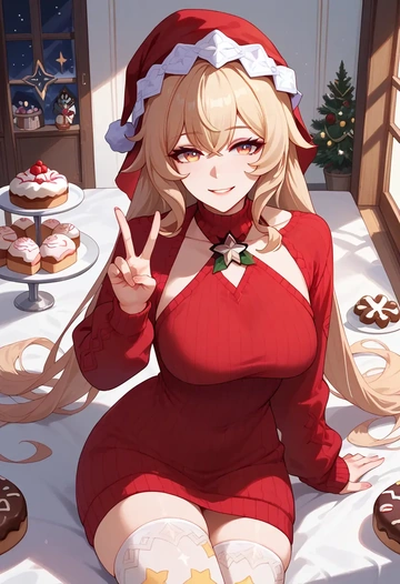 star rail,black swan,Christmas,sweater dress,stockings  - AI generated anime art